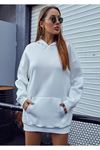 Unisex Beyaz Kapüşonlu Oversize Sweatshirt 3 İplik