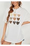 Deocept Kadın Beyaz Kalp Baskılı Oversize T-shirt