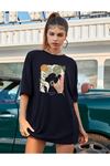 Deocept Kadın Koyu Lacivert Tropical Lady Baskılı Oversize T-shirt