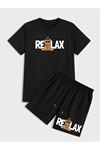 Deocept Unisex Siyah Just Relax Ayıcık Baskılı Oversize T-shirt Ve Şort Kombin