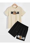 Deocept Unisex Bej Just Relax Ayıcık Baskılı Oversize T-shirt Ve Şort Kombin
