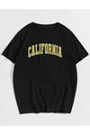 Unisex Sarı California Baskılı Oversize Siyah T-Shirt