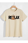 Deocept Unisex Bej Just Relax Baskılı Oversize T-shirt