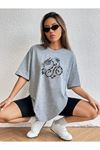 Kadın Ejderha Baskılı Oversize Gri T-shirt