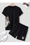 Unisex Kurt Baskılı Oversize Siyah T-shirt Şort Kombin