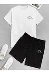 Unisex Minimal Shark Baskılı T-shirt Ve Şort Takım (Beyaz-Siyah)